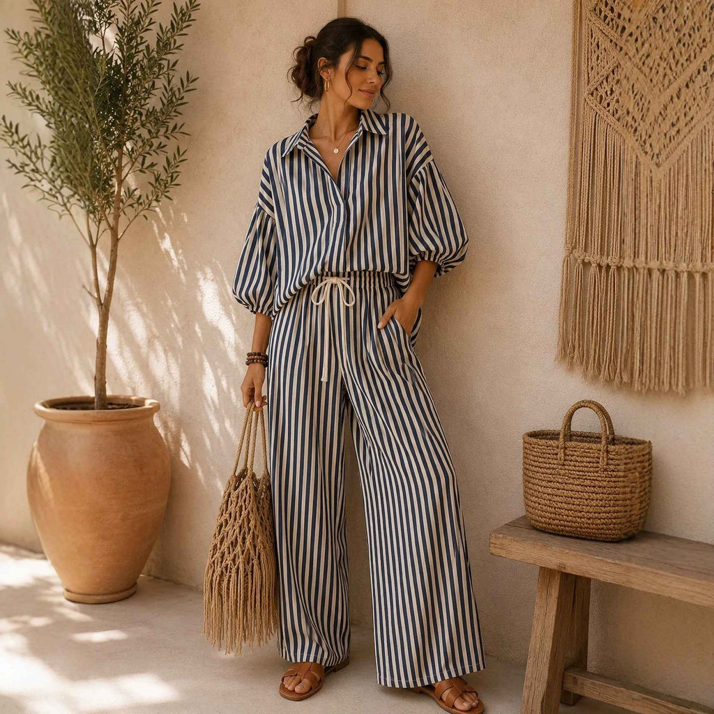 Fashionable Striped Lapel Shirt And Pants Womens Set