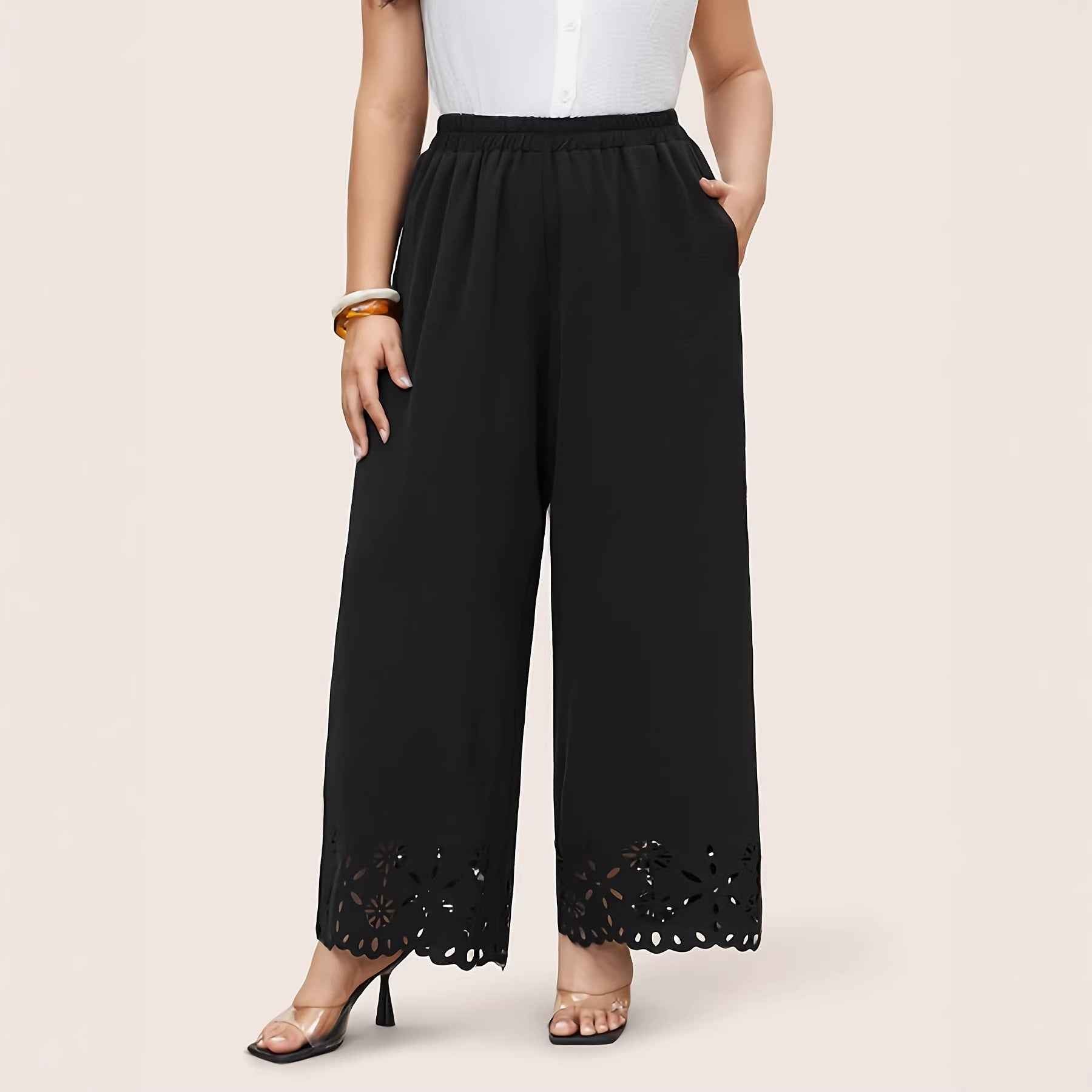 Plus-Size Wide-Leg Pants – Elastic Waist, Pockets, Full Length