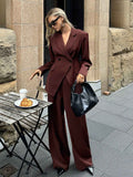 Reddish Brown Solid Colour Wide-Leg Pants Suit Two-Piece Set