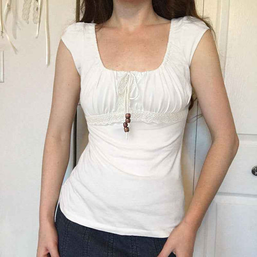 Retro Girly Beaded Drawstring Lace-panel Short Top