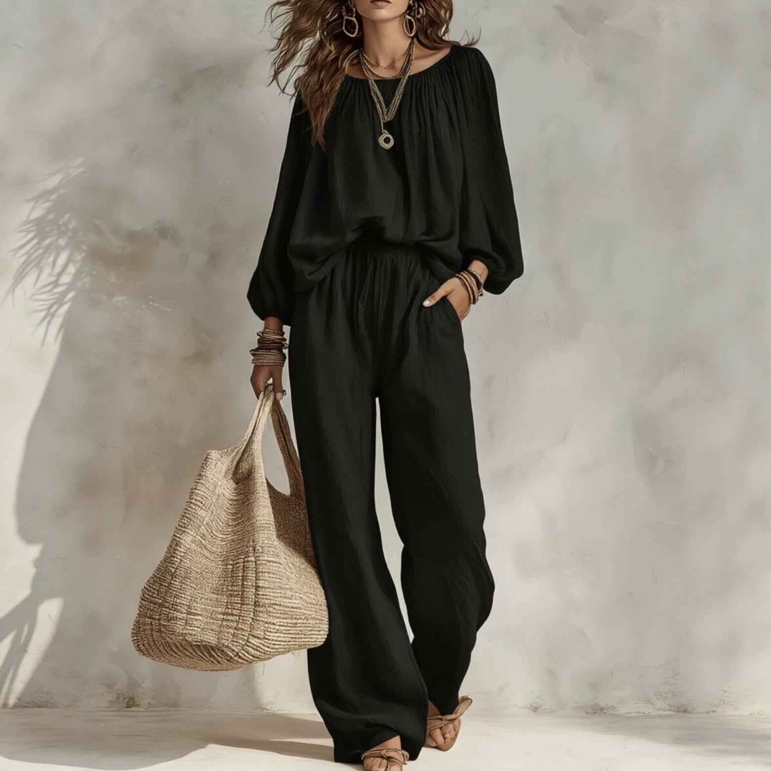 Loose-fitting Top With High-waisted Draping Wide-leg Pants