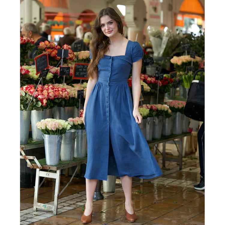 Vintage Bohemian Linen Midi Dress – Square Neck Lantern Sleeve Flare Skirt