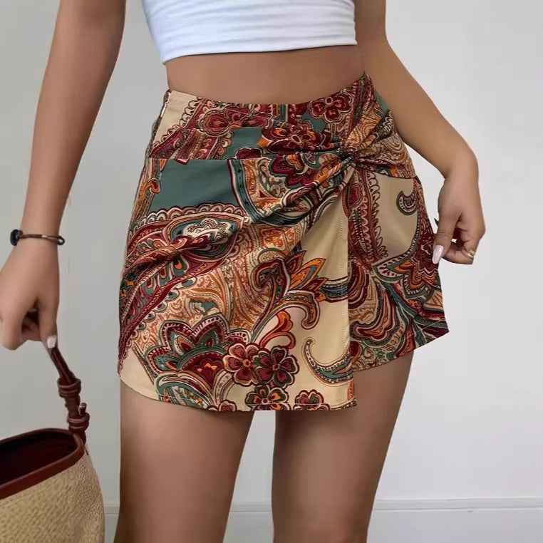 Womens Fashionable Paisley-Print Knotted Wrap Casual Resort Short Skirt