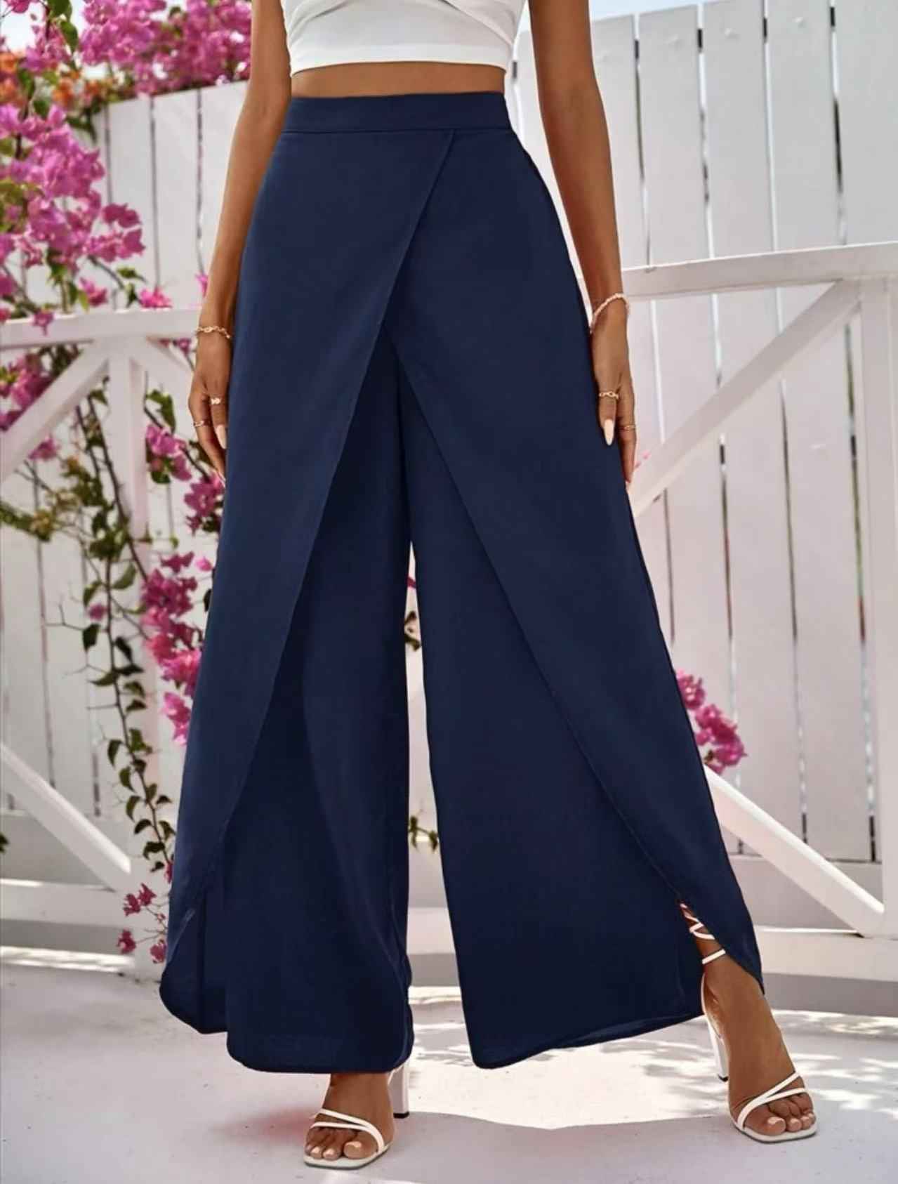 Women's Wide-Leg Cropped Trousers – Slit Detail, Relaxed Fit