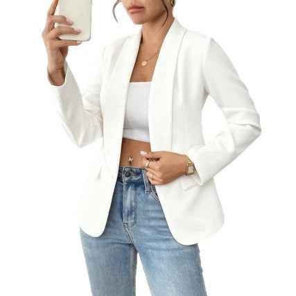 Womens Solid-color Lapel Coat With Pocket Flaps And Long Sleeves