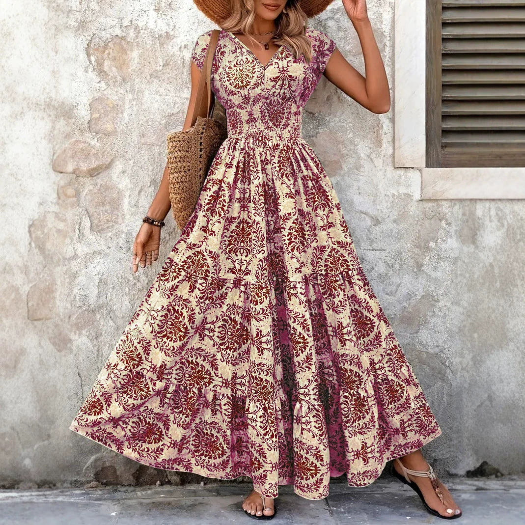 Vintage-print Dress Fashionable And Elegant V-neck Womens Wear