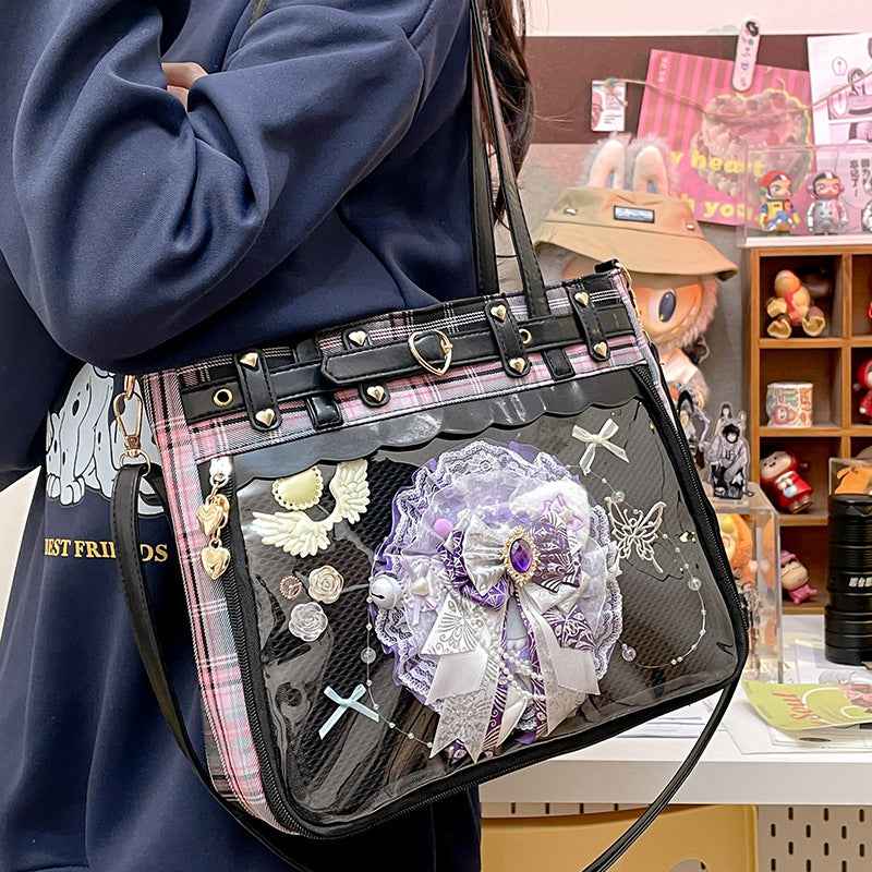Plaid Manga-Inspired Tote Bag — Japanese Style Pin Bag