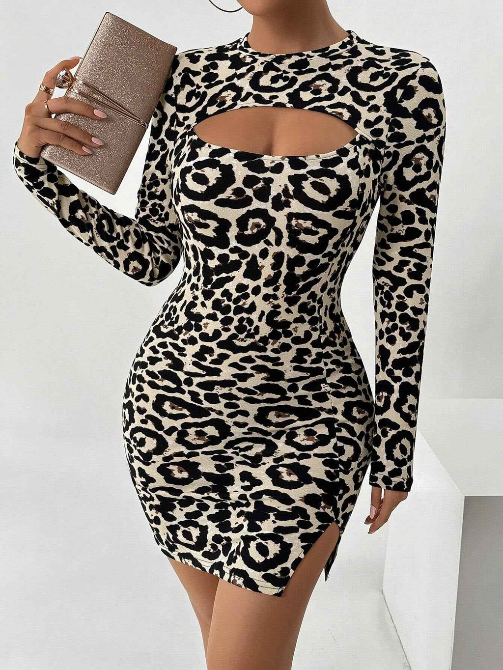 Women's Leopard Print Bodycon Midi Dress — Hollow-Out Slit, S–XL