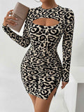 Women's Leopard Print Bodycon Midi Dress — Hollow-Out Slit, S–XL