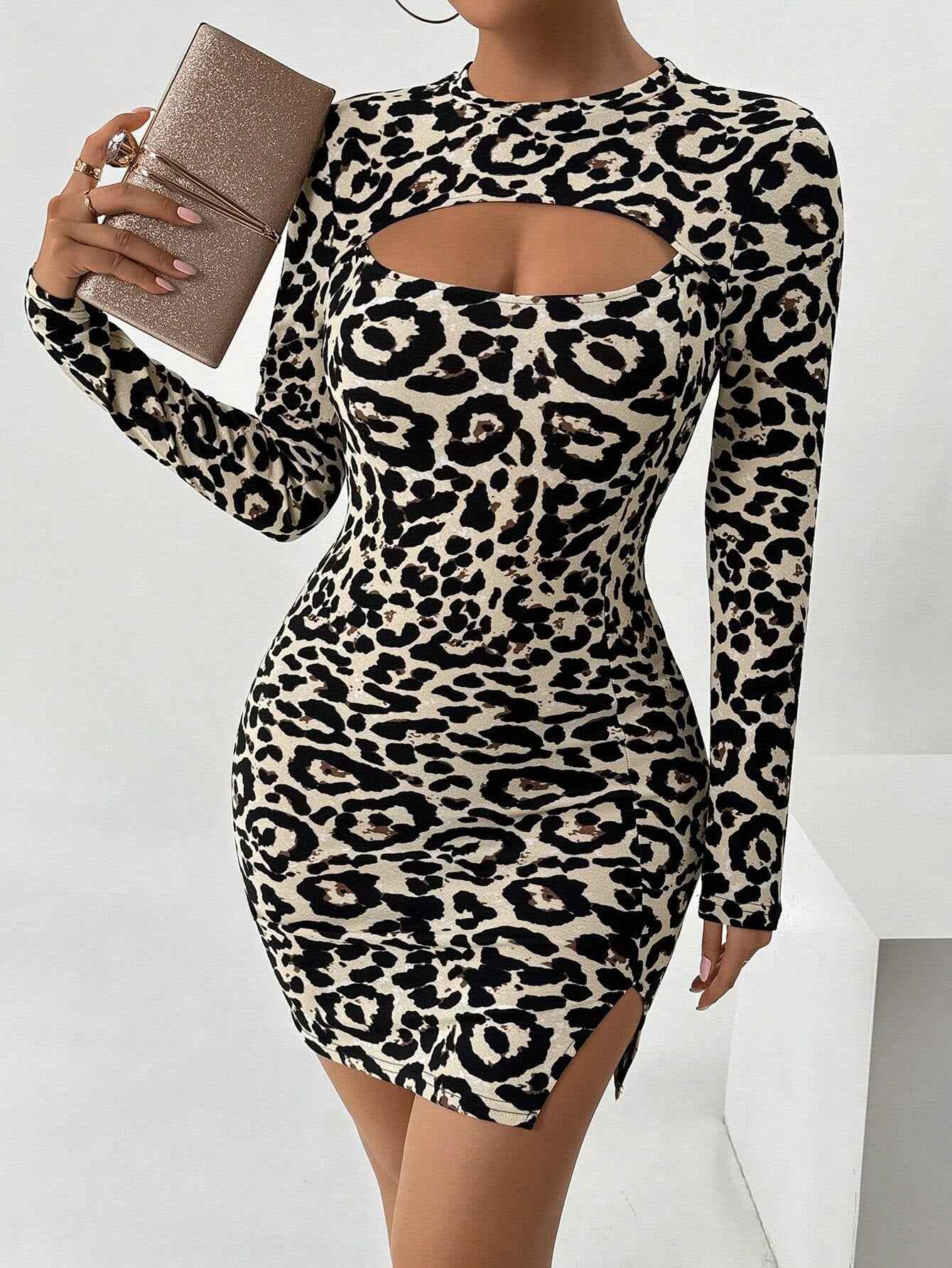 Women's Leopard Print Bodycon Midi Dress — Hollow-Out Slit, S–XL