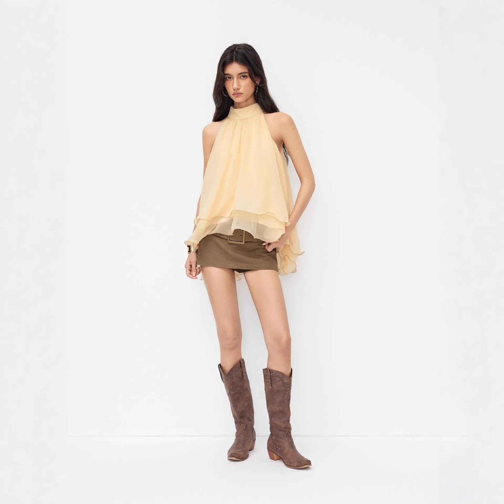 Off-shoulder Halter-neck Loose-fit Chiffon Blouse With Ruffled Hem