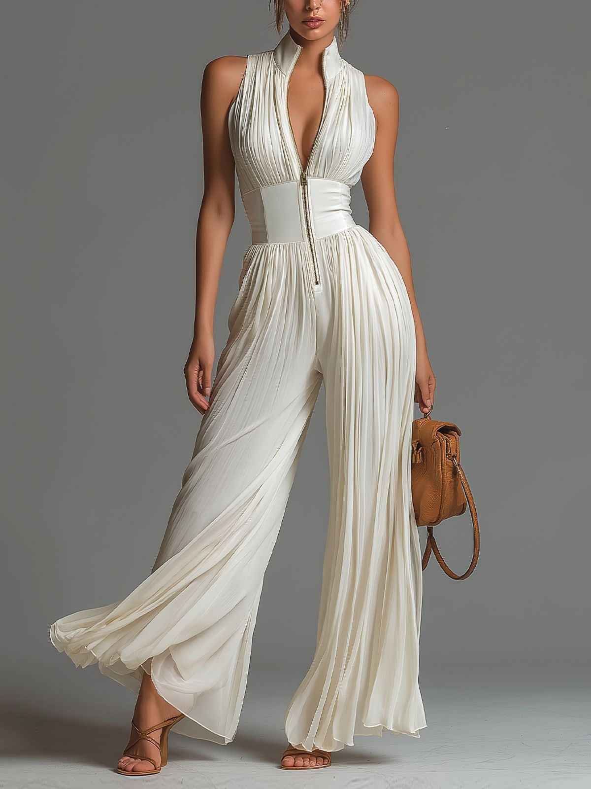 Wide-Leg Jumpsuit – Halter Neck, Deep V, Pleated High Waist & Front Zipper