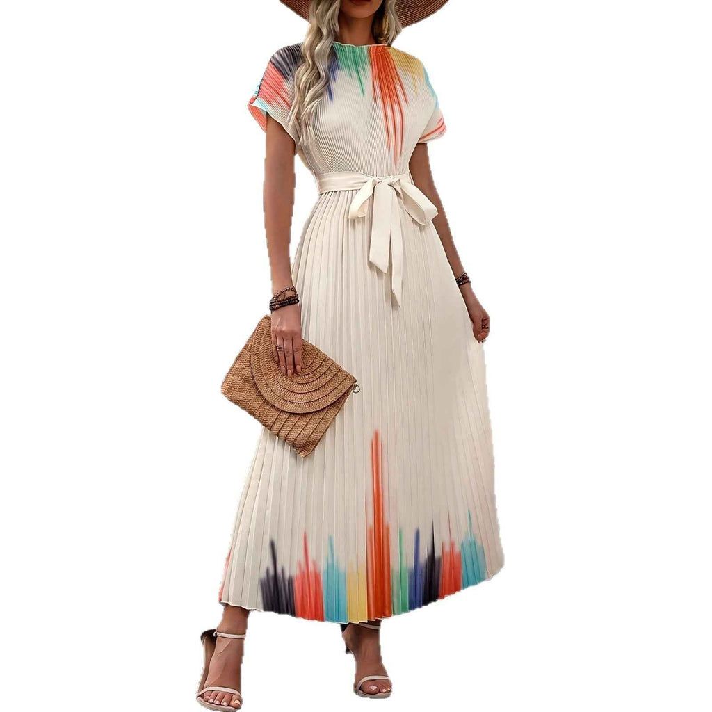 Women's Beige Lace-Up Pleated Midi Dress — Mock Neck & Raglan Sleeve