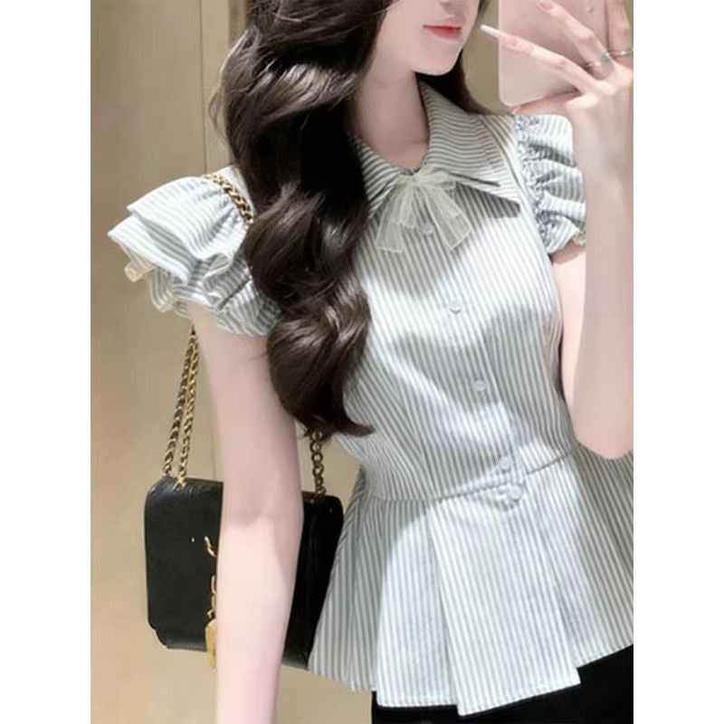 Women's Striped Satin Blouse — Flutter Sleeves, Mock Two-Piece
