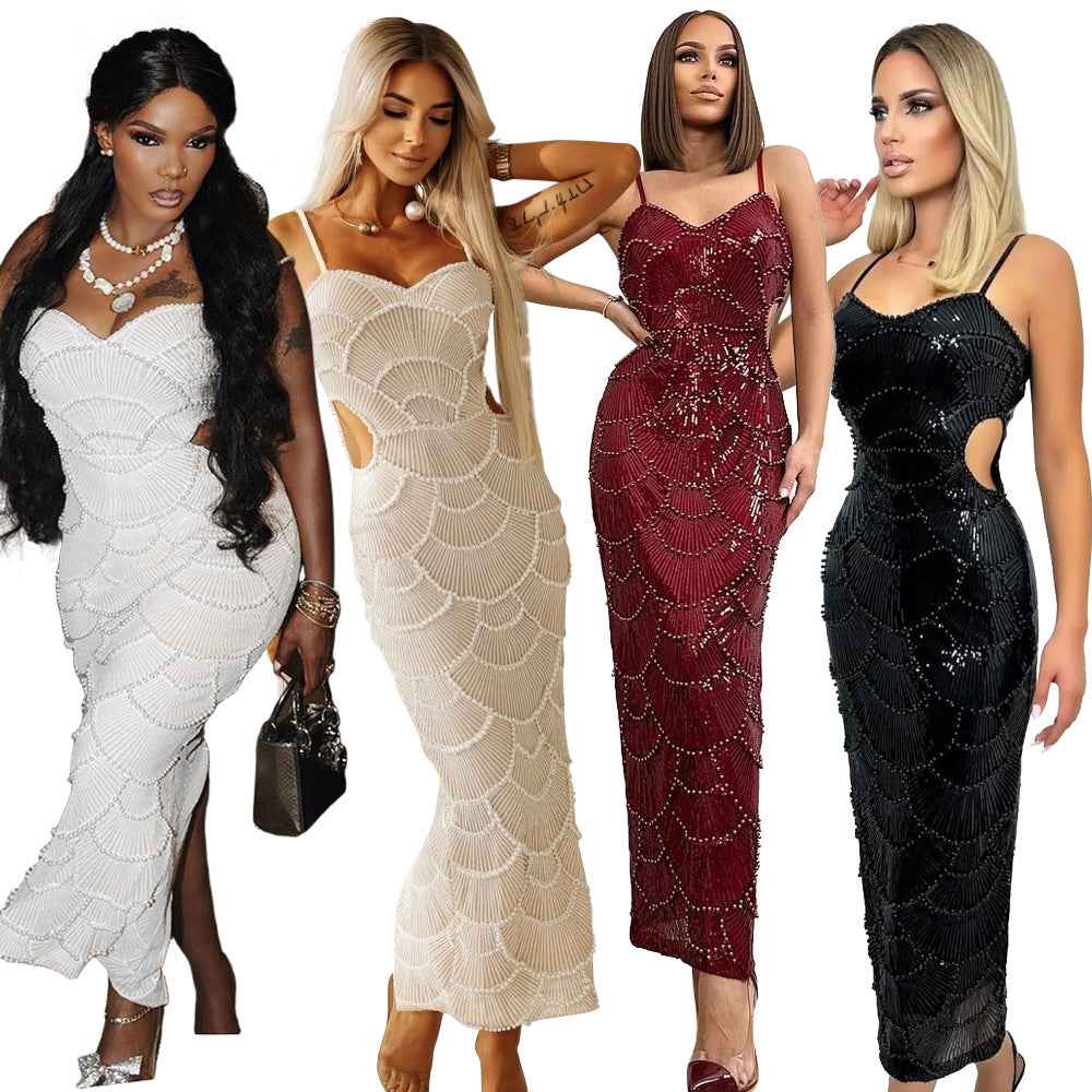 Sequin Strap Slit Maxi Dress