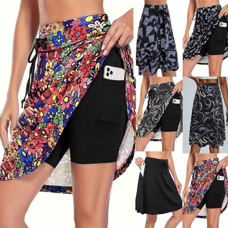 Women's Floral Print High Waist Skort With Pockets Tie Waist Ruffle Hem Athletic Skirt With Built-in Shorts