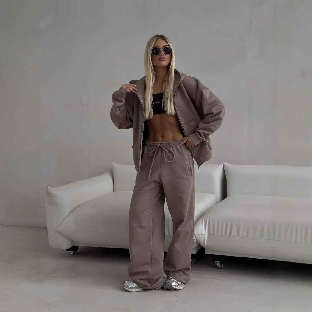 Women's Zip-Up Hooded Cardigan & Lace-Up Trousers Two-Piece Set