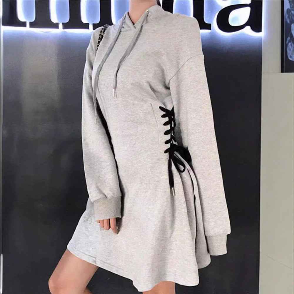 Hooded Sweatshirt Mini Dress with Lace-Up Waist Detail