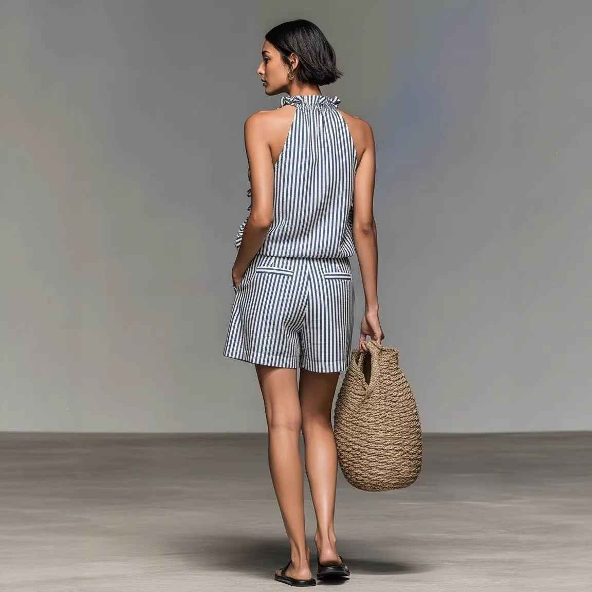 Casual Sleeveless Striped Lace T-shirt Top And Shorts
