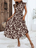 High Neck Ruffle Cap Sleeve Waist-Tie Printed Midi Dress