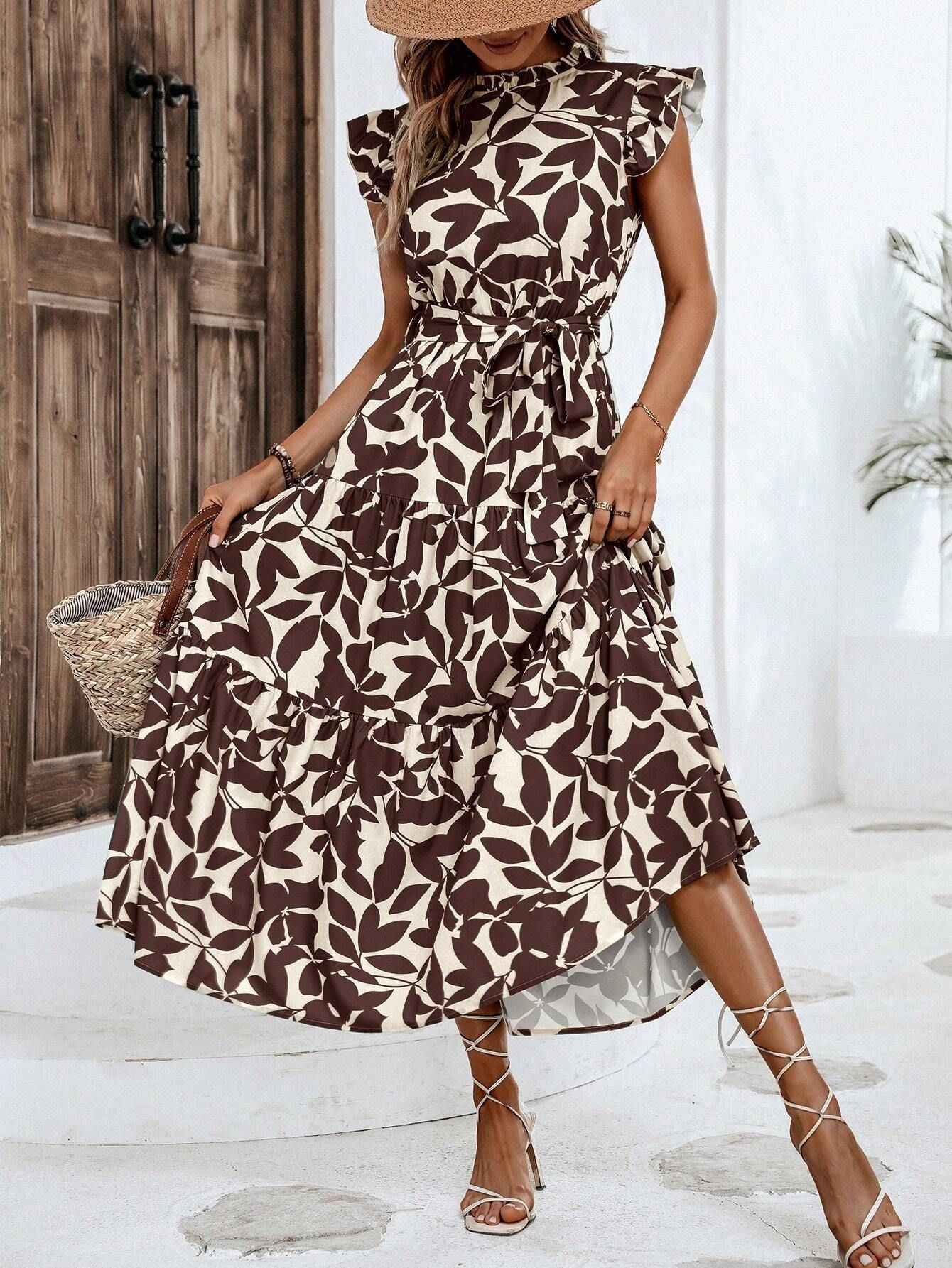 High Neck Ruffle Cap Sleeve Waist-Tie Printed Midi Dress