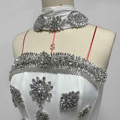 Rhinestone Ruched Halter-Neck Wrap Slim-Fit Maxi Pencil Dress