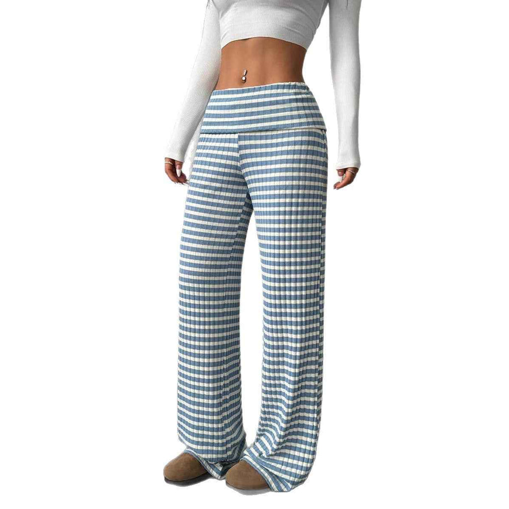Striped Straight-Leg Trousers — Turned-Up Hem, Mid-Waist, 3 Colours