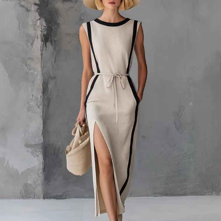 Ribbed Knit Side-Slit Sleeveless Midi Dress