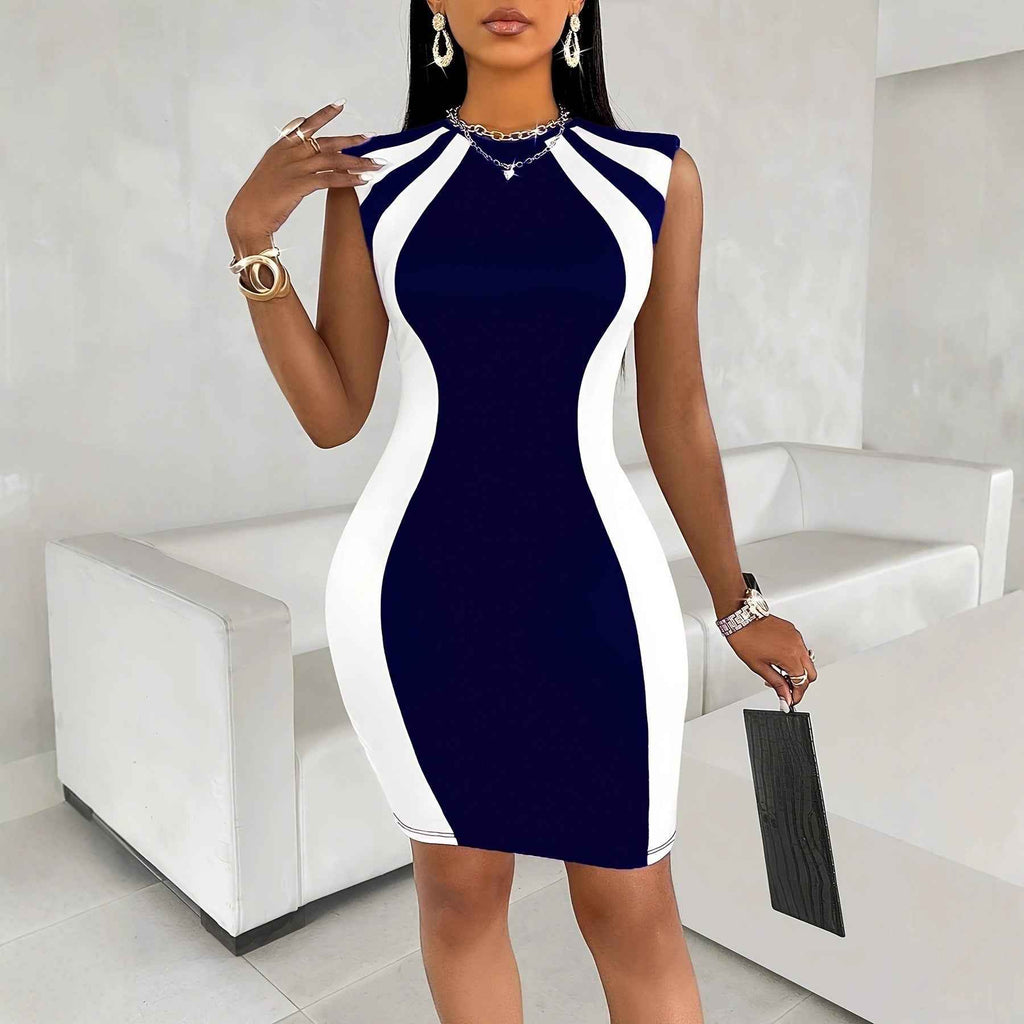 Round-neck Printed Sleeveless Color-block Sexy Slim-fit Bodycon Dress