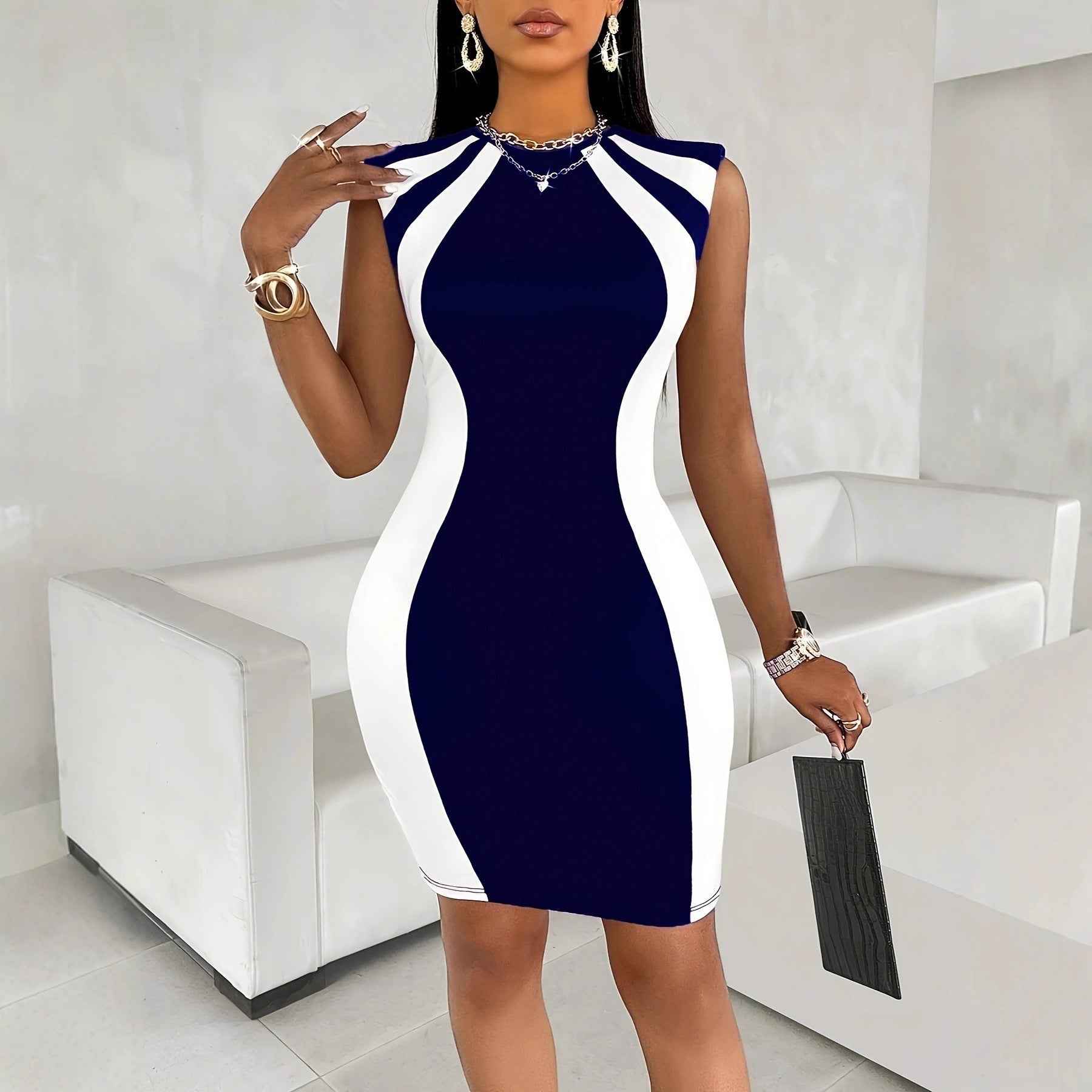 Round-neck Printed Sleeveless Color-block Sexy Slim-fit Bodycon Dress