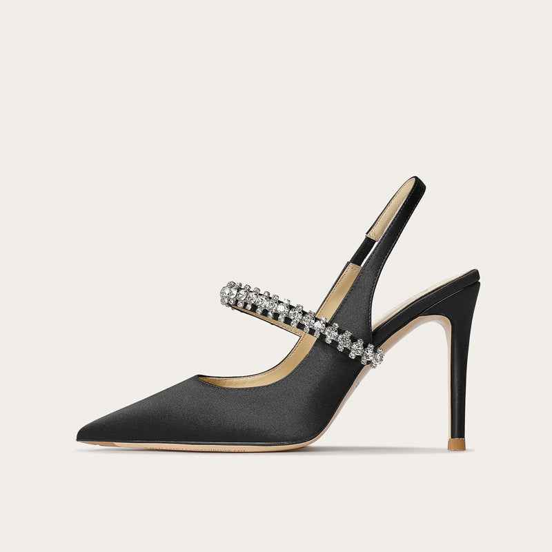 Satin Rhinestone Stiletto Heels — Ankle Strap, Pointed Toe, 3 Heights