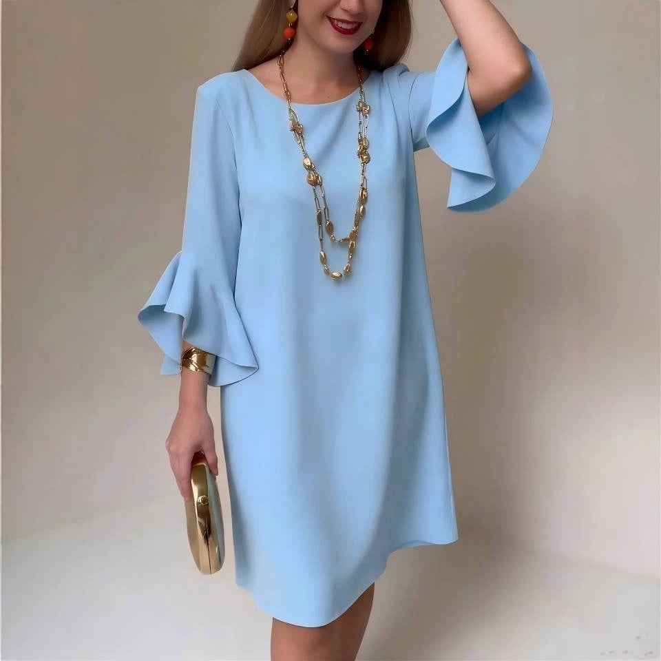 Women's Flared Sleeve A-Line Midi Dress with Ruffled Hem