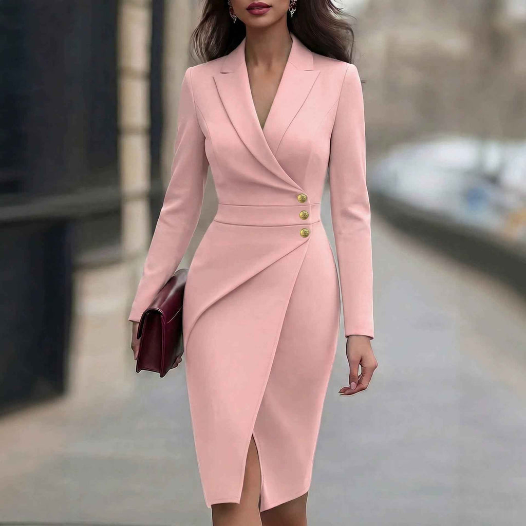 New Womens Slim-fit Suit-collar Dress