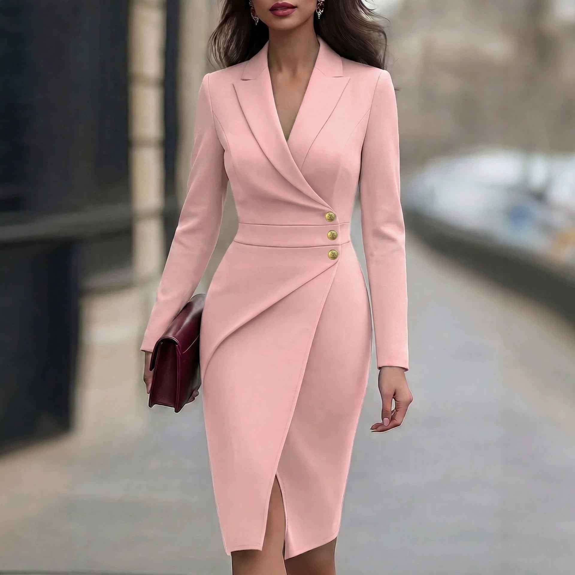 New Womens Slim-fit Suit-collar Dress