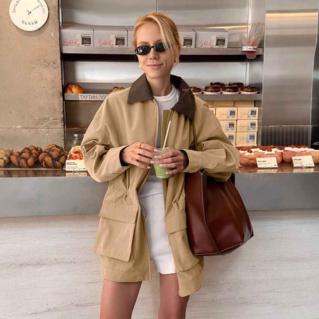 Commuter-style Retro Color-block Mid-length Trench Coat