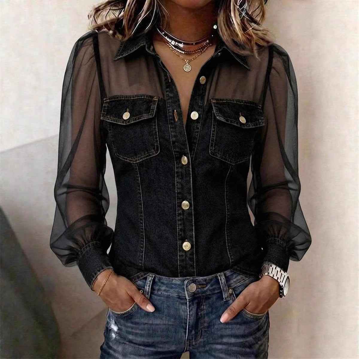 Women's V-Neck Lace Long Sleeve Top