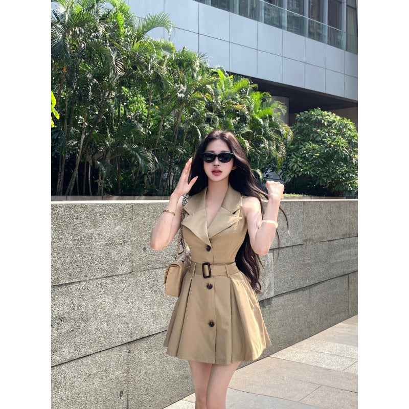 Patchwork A-Line Mini Dress – High Waist, Sleeveless, Khaki