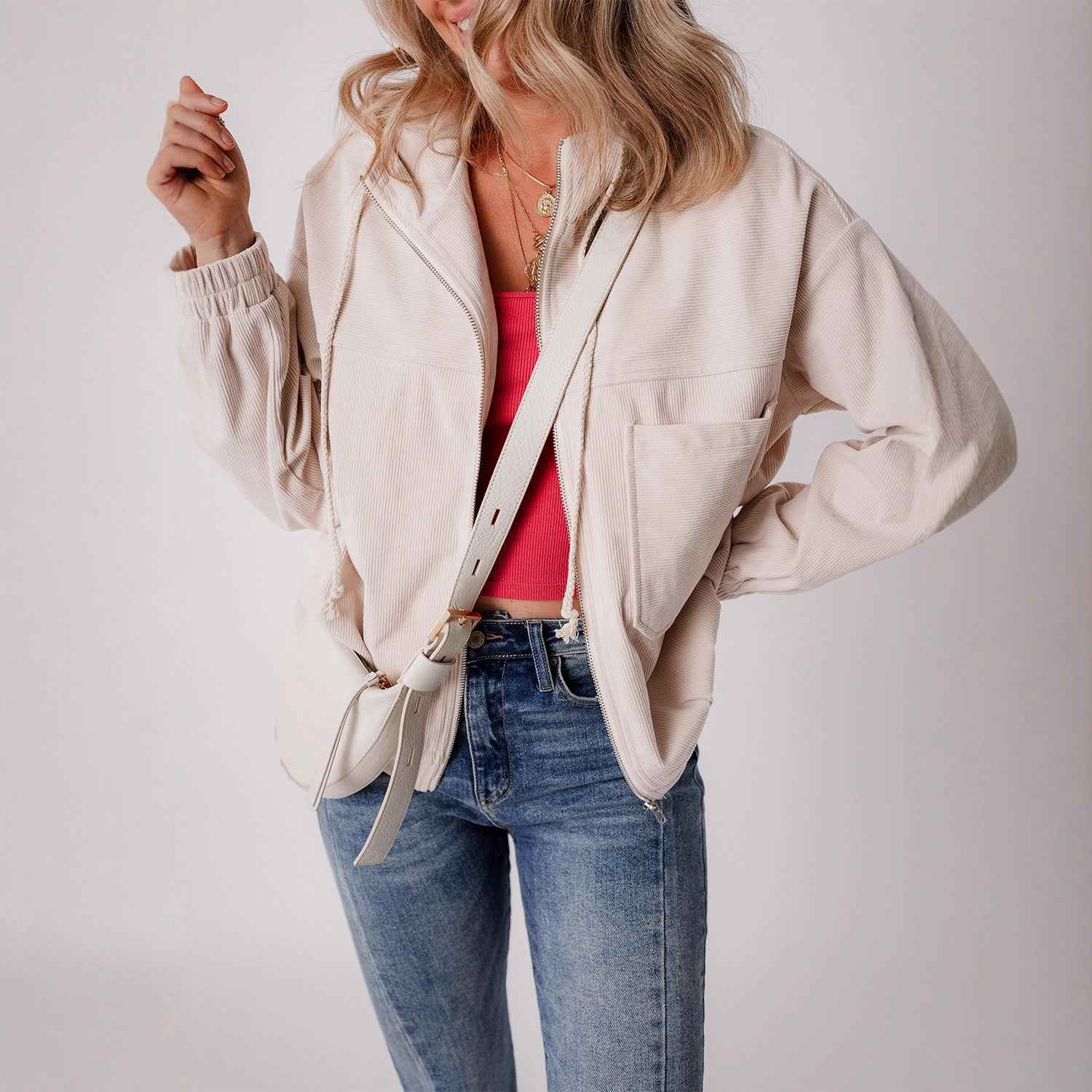 Women's Loose-Fit Casual Jacket – Long Sleeve, Solid Colour