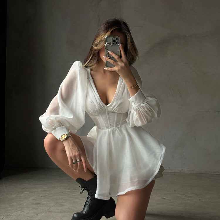 V-Neck Corset Boned Balloon-Sleeve Layered Mini Dress