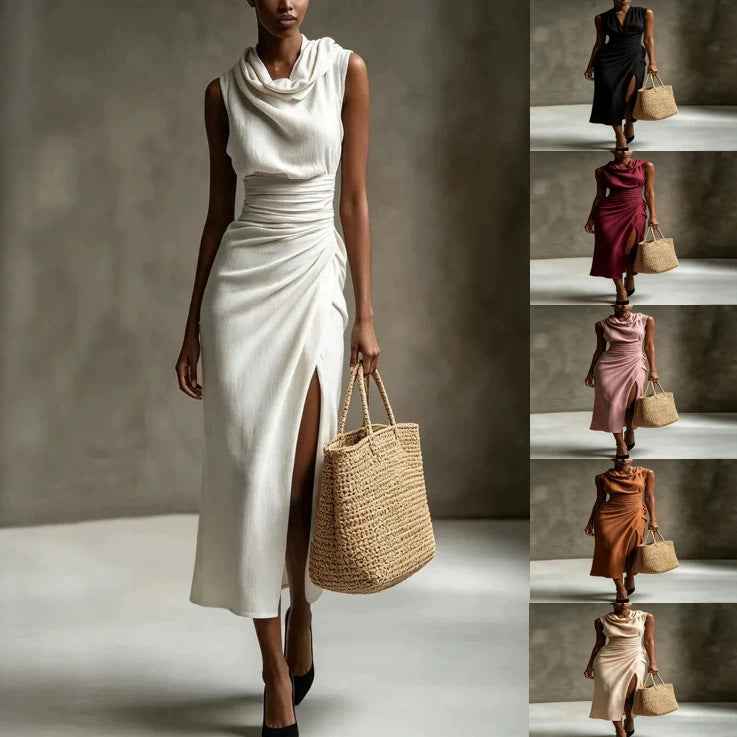 Sleeveless High-Waist Pleated Ruched Backless Slit Cotton-Linen Maxi Dress