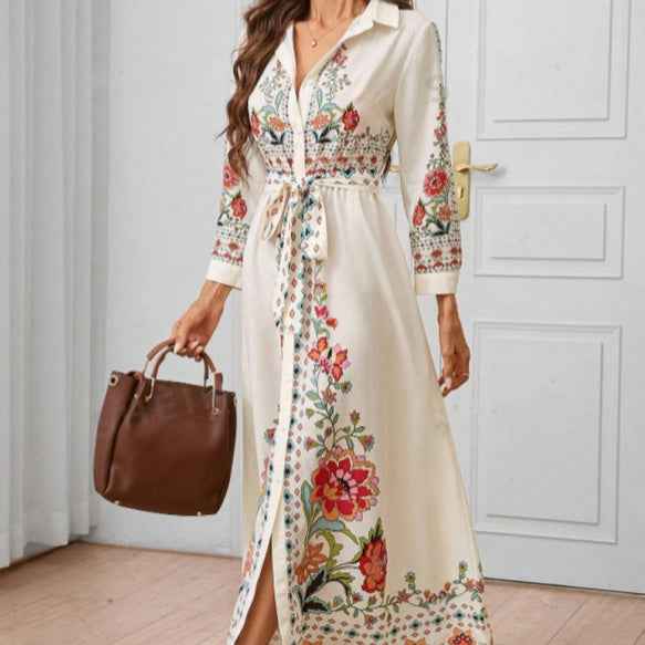 Women's Floral Print Long-Sleeve Shirt Dress — Mid-Length