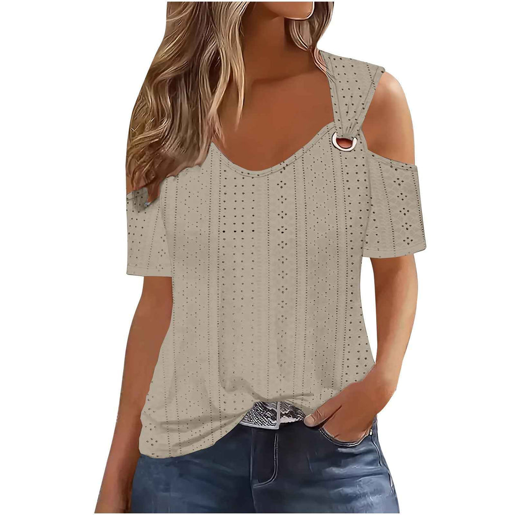 European And American-style Fitted Casual Short-sleeve Womens T-shirt With A Slit Neckline