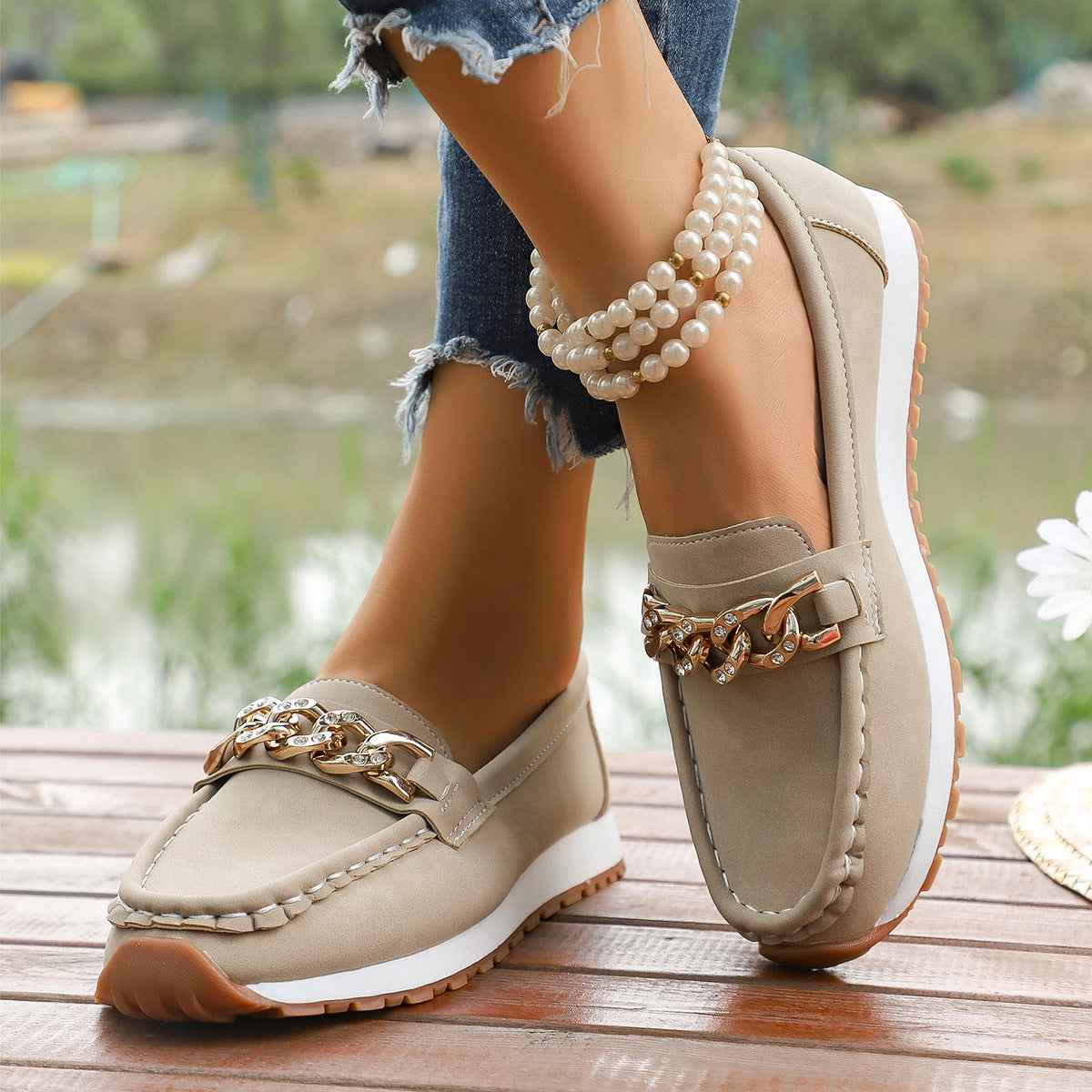 Metal-Accent Slip-On Loafers with Platform Sole