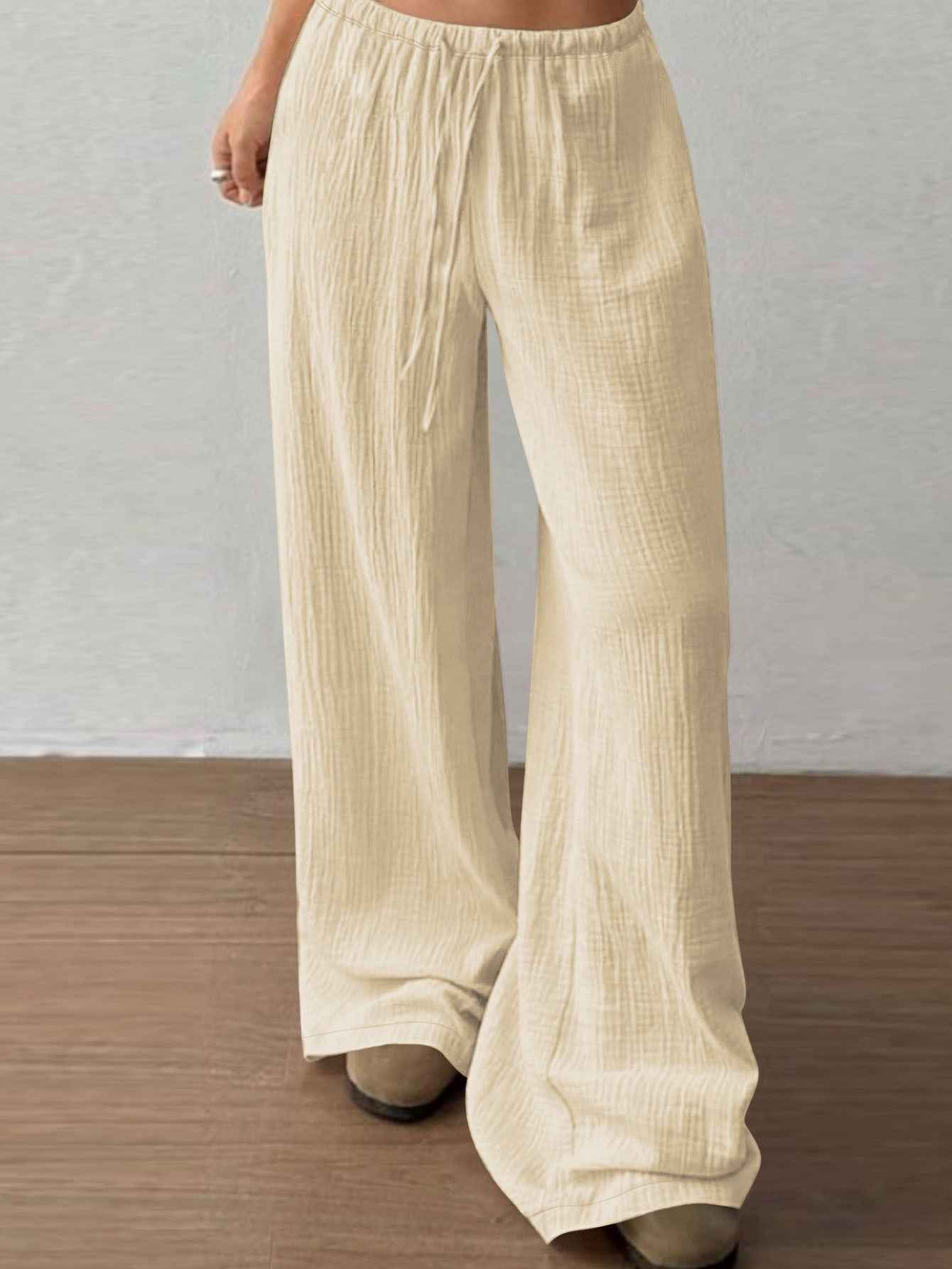 Cropped Wide-Leg Pants – Elastic Waist, Drawstring, Loose Fit
