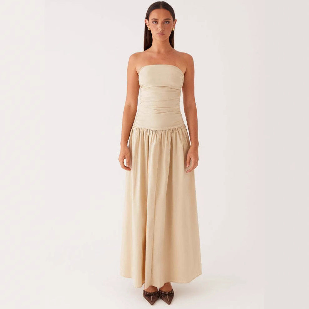 Strapless Pleated Patchwork Printed Dress