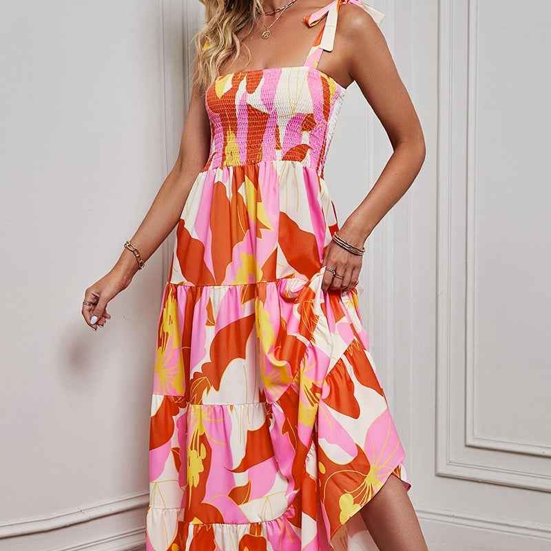 Backless Leaf Print Halter Dress — Orange Red, S–2XL