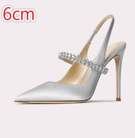 Satin Rhinestone Stiletto Heels — Ankle Strap, Pointed Toe, 3 Heights