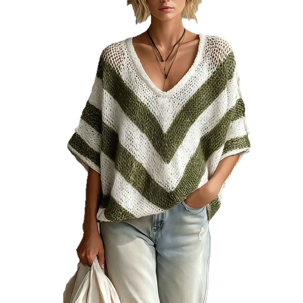 Drop Shoulder Knit Sweater – Loose Fit Three-Quarter Sleeve