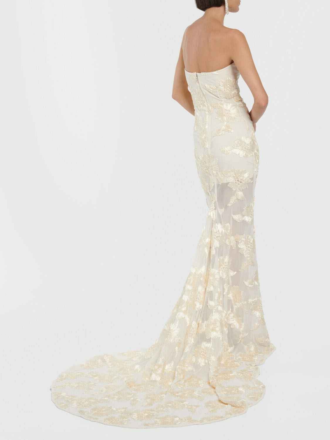 Strapless Floral Lace Appliqué Tulle Mermaid Gown with Train