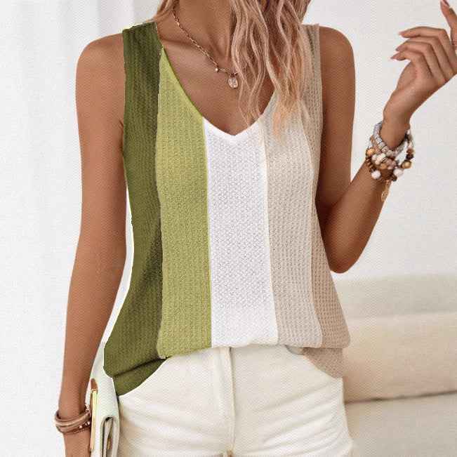 Women's Knitted Color-Block Vest – V-Neck Slim-Fit Sleeveless Top